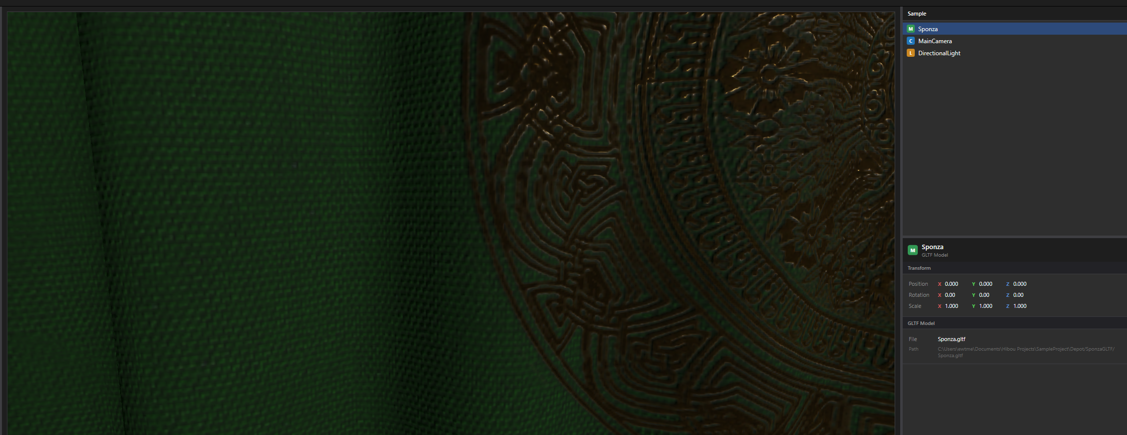 A screenshot of the Hibou Engine editor interface, showing various panels and a 3D viewport.